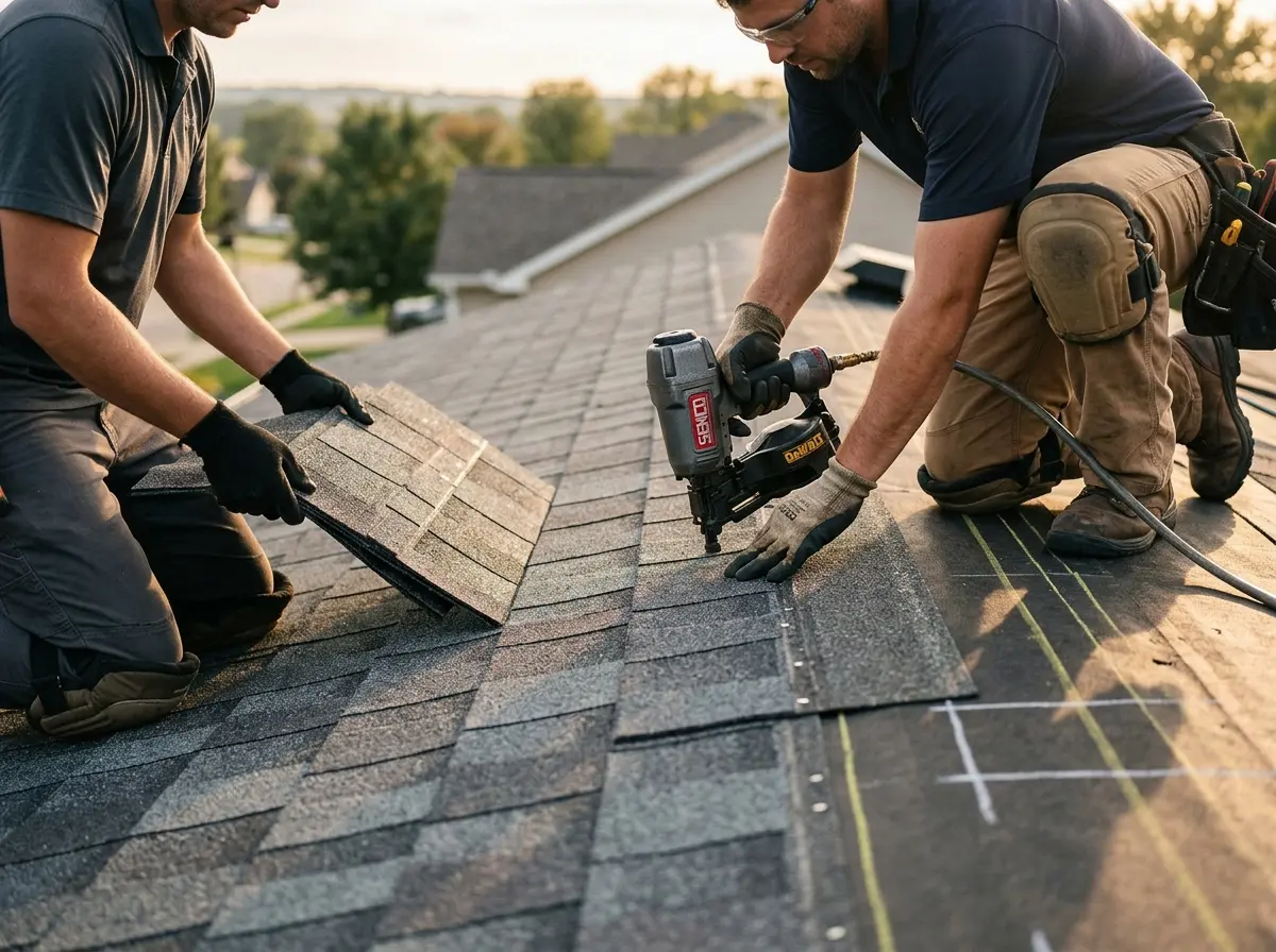 Professional roofer working on a residential roof in Suffern